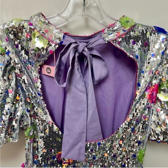 CeliaB Wonderer Silver Sequins Floral Statement Puff Sleeves Mini Dress NEW XXS - Picture 10 of 14